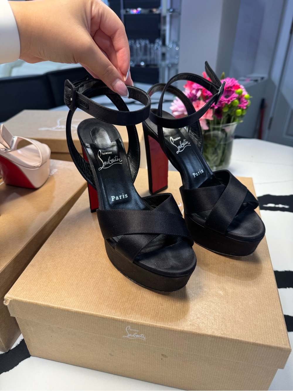 Christian Louboutin Black Satin Platform Ankle-Strap Heels